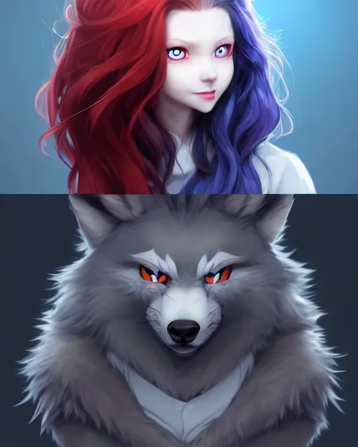 Image similar to character concept art of a dark grey anthropomorphic furry wolf with long red hair blue eyes | | cute - fine - face, pretty face, key visual, realistic shaded perfect face, fine details by stanley artgerm lau, wlop, rossdraws, james jean, andrei riabovitchev, marc simonetti, and sakimichan, artstation