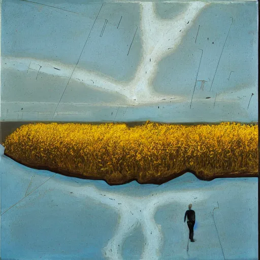 Prompt: goldenrod by sidney nolan weary. a mixed mediart of a group of flying islands, each with its own unique landscape, floating in the night sky. the islands are connected by a network of bridges. a small group of people can be seen walking along one of the bridges.