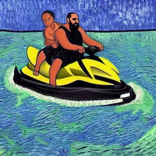 Prompt: Obama and DJ Khaled riding a jet ski, by Van Gogh