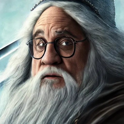 Image similar to ultra realistic illustration, danny devito as gandalf the white from lord of the rings movie, full body, high quality, highly detailrd, wide angle, illustration, digital art, full color