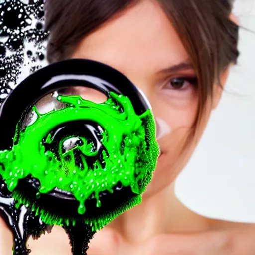 Prompt: ferrofluid slime girl playing with magnets