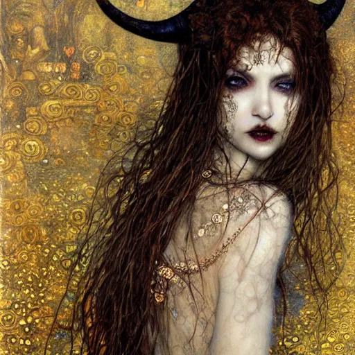 Image similar to sleepless horned vampire, intricate detail, klimt, royo, royo, whealan,