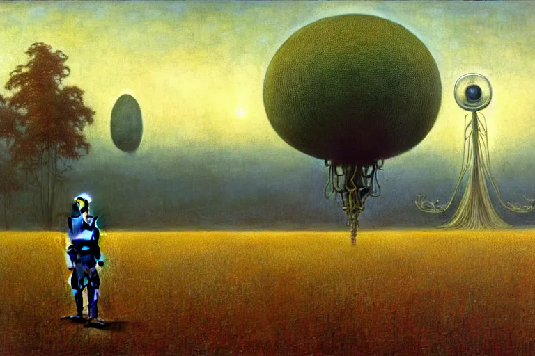 Image similar to realistic extremely detailed portrait painting of a ghost farmer, single house in a plain field and single ufo in the background, futuristic sci-fi forest by Jean Delville, Amano, Yves Tanguy, Alphonse Mucha, Ernst Haeckel, Edward Robert Hughes, Roger Dean, rich moody colours, 4k octane render, blue eyes