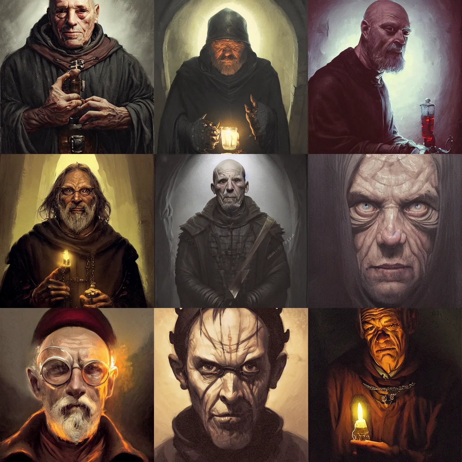 Prompt: portrait of an old, medieval alchemist in the dark, he is turned to the left side, and looking into the camera maliciously, maliciously!!!. chiaroscuro lighting, fantasy, detailed, photorealistic portrait by michael komarck, greg rutkowski, victo ngai, artgerm and j. dickenson
