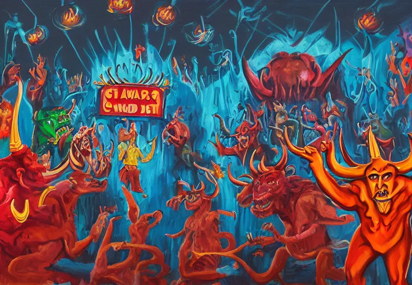 Image similar to A retro 1980s game show hosted by a charming-looking horned Satan devil in a colorful suit at center-stage, in front of a live studio audience of demons and strange creatures in the bleachers, in the middle of a cavernous firey landscape of Hell, oil on canvas, painting, cohesive, stylistic, trending on Artstation, 4k, wide shot