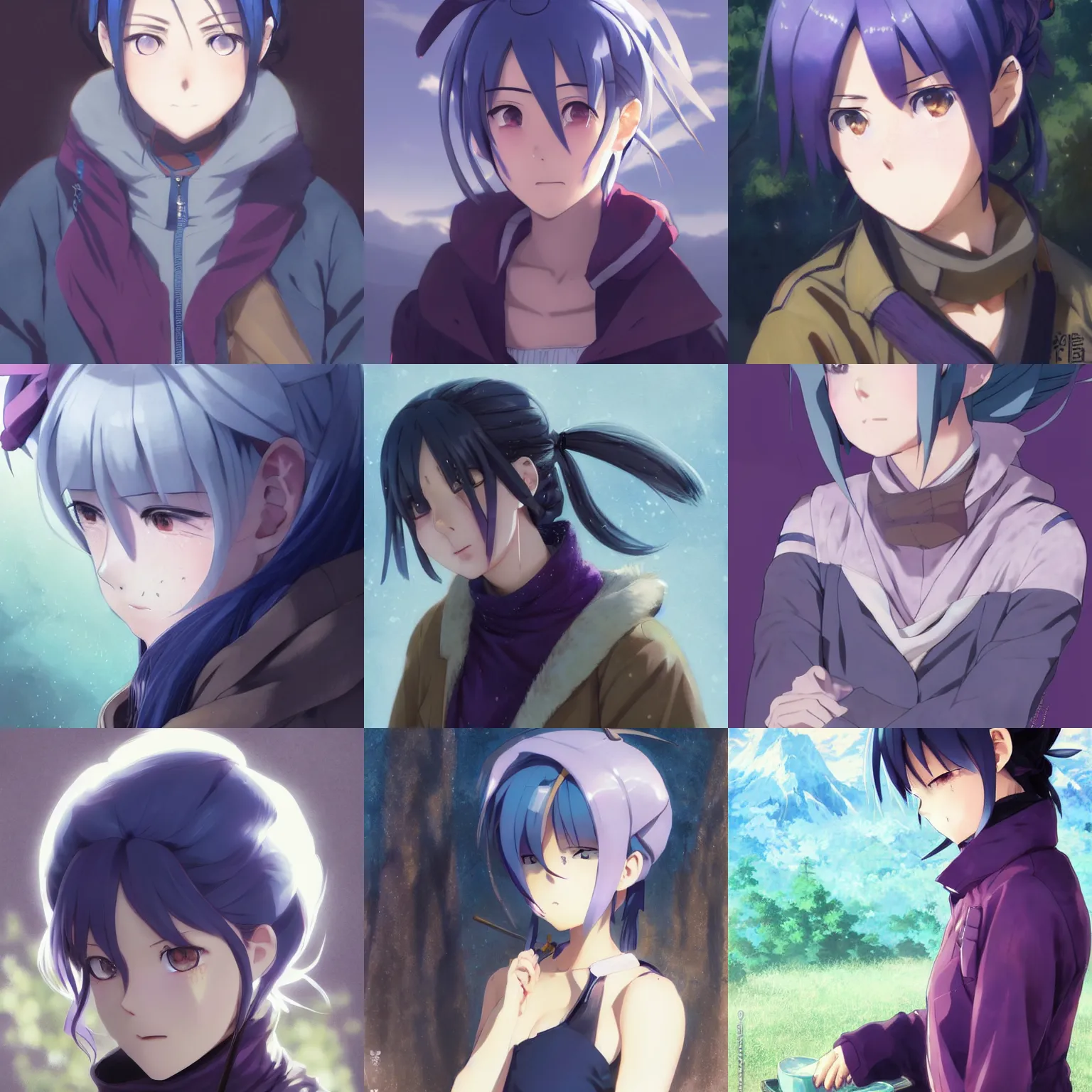 Prompt: anime shima rin shimarin yuru camp dark - blue hair tied in a high bun purple eyes portrait by greg rutkowski