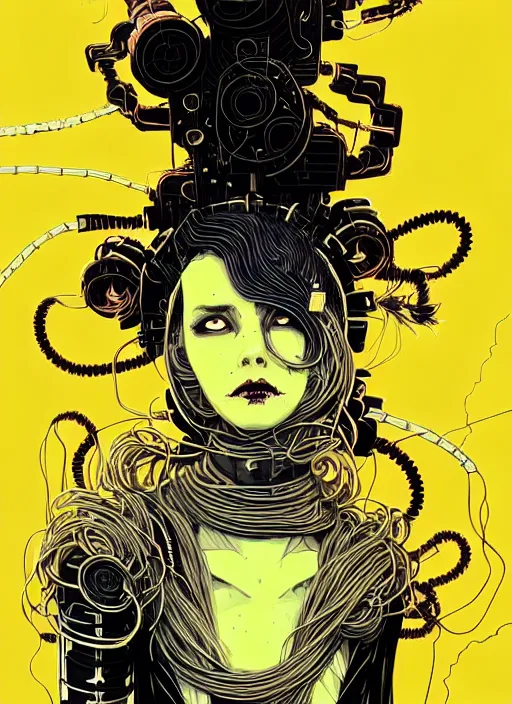 Image similar to highly detailed portrait of wasteland punk long curly bright yellow and white plasma electricity hair tribal lady, stray electric spark wiring by atey ghailan, james gilleard, by joe fenton, by greg rutkowski, by greg tocchini, by kaethe butcher, 4 k resolution, gradient yellow, black and white color scheme!!! ( ( lightning cloudy robotic dystopian city background ) )