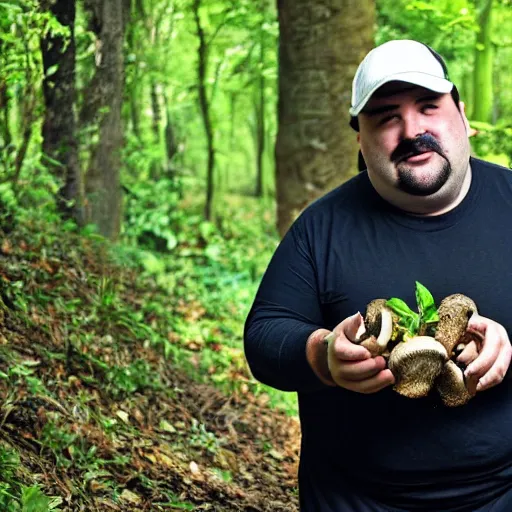 Image similar to fat italian man dressed as mario eating wild mushrooms off the forest floor