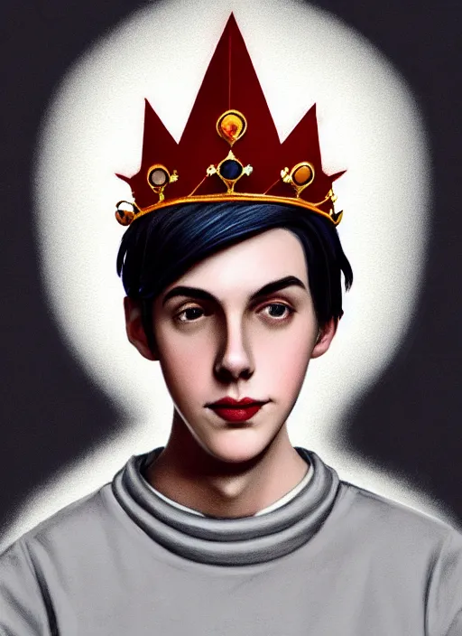 Image similar to portrait of teenage jughead jones wearing a light grey crown, photorealistic, crown, crown with red and white pin badge, crown with pins, eyes closed, crown, black hair, intricate, elegant, highly detailed, digital painting, glowing lights, artstation, concept art, smooth, sharp focus, illustration, art by wlop, mars ravelo and greg rutkowski