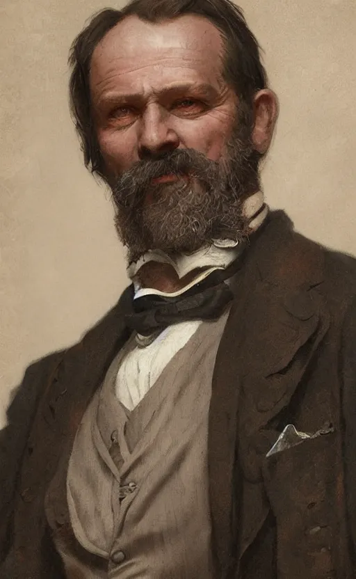 Prompt: Portrait of happy middle aged victorian gentleman wearing a waistcoat, male, detailed face, 19th century, cheerful, highly detailed, cinematic lighting, digital art painting by greg rutkowski