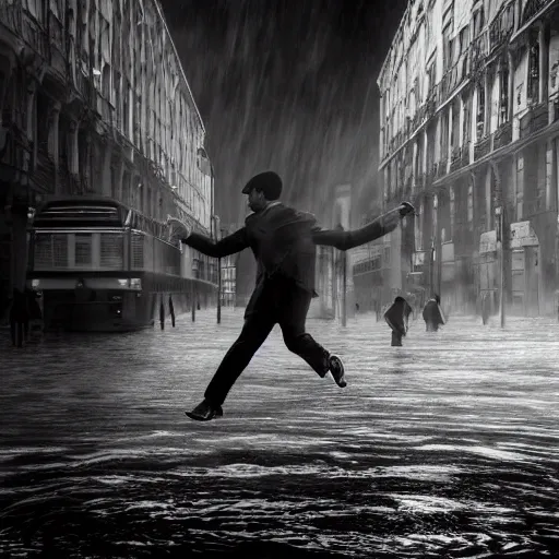 Image similar to a highly detailed epic cinematic black and white painting artwork inspired by Henri Cartier-Bresson's Behind the Gare Saint-Lazare, man jumping over a puddle of water. World Press Photo winner, enhanced and corrected in Photoshop, octane render, excellent composition, cinematic atmosphere, dynamic dramatic cinematic lighting, aesthetic, very inspirational, arthouse