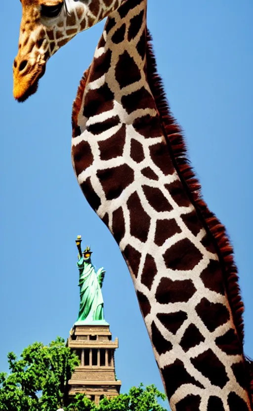 Image similar to A giraffe as a Statue of liberty