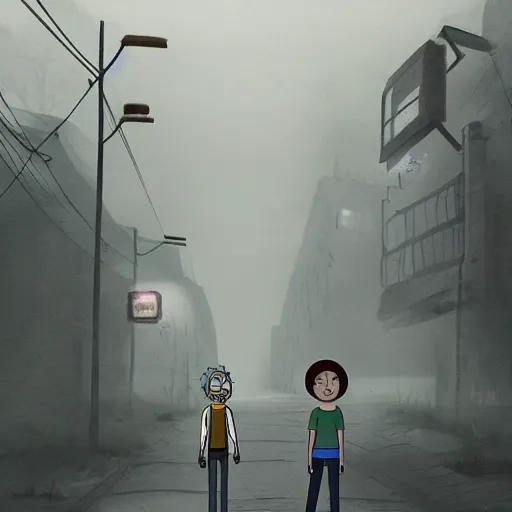 Prompt: rick and morty next to a school in foggy silent hill, artstation