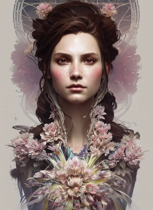 Image similar to symmetry!! portrait of floral! horizon zero dawn machine, intricate, elegant, highly detailed, digital painting, artstation, concept art, smooth, sharp focus, illustration, art by artgerm and greg rutkowski and alphonse mucha, 8 k