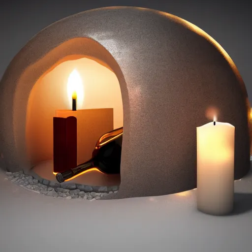 Image similar to wine bottle in candle - lit cool luxury igloo, highly detailed, concept art, realistic, octane render, unreal engine, up close shot