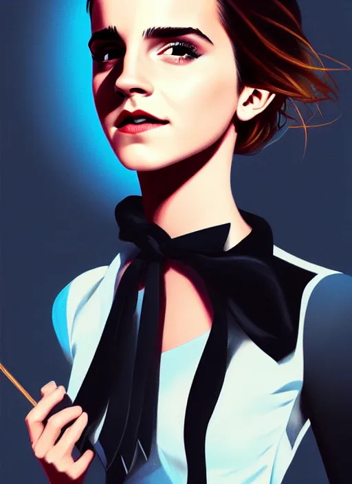 Image similar to a ultradetailed beautiful panting of emma watson wearing a stylish shirt with a tie, she has black hair, dancing, beautiful face, background explosion, by jesper ejsing, ilya kuvshinov, greg rutkowski on artstation