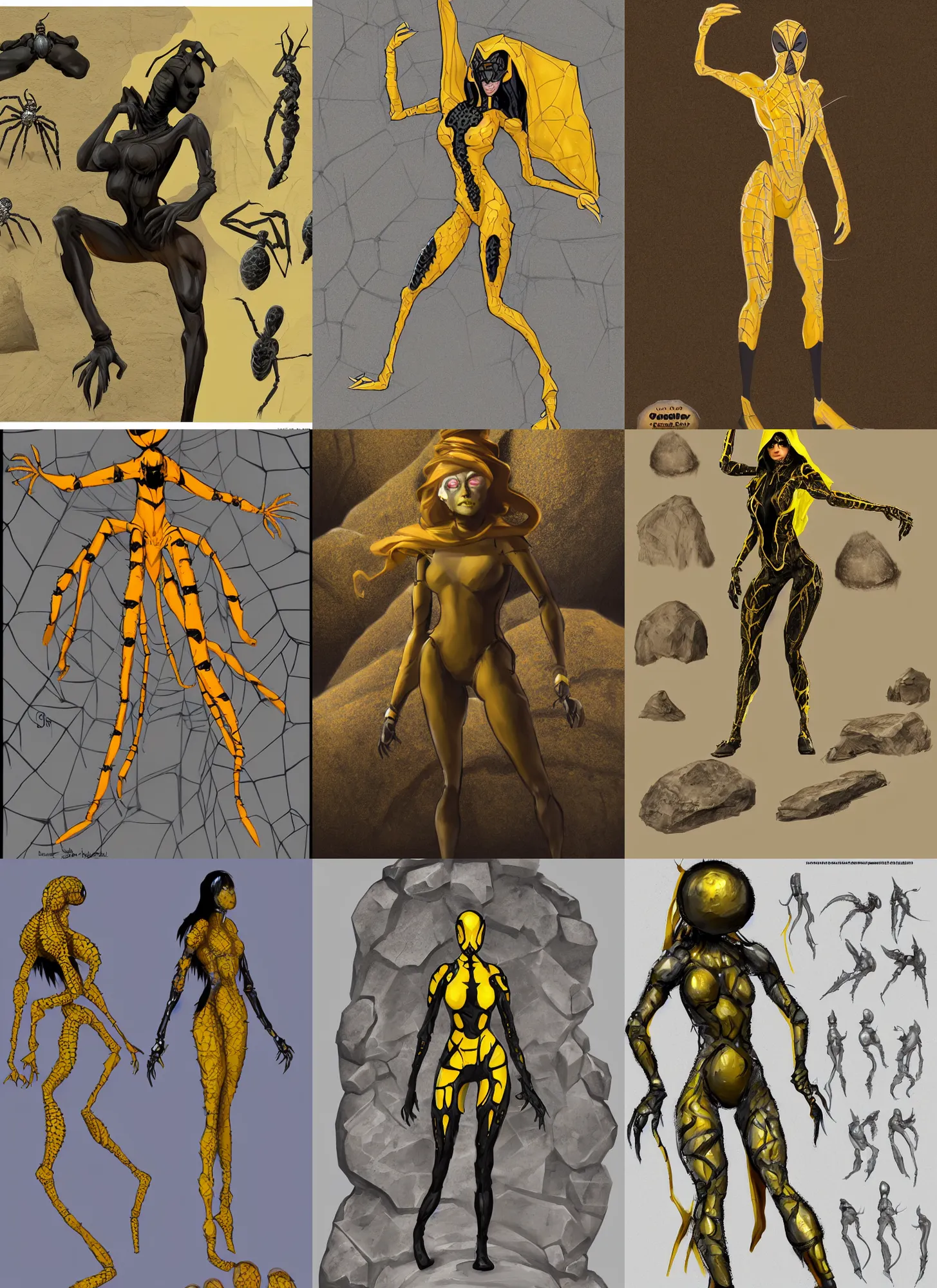 Prompt: full body character sheet of a woman in an orb weaver spider inspired costume standing in a rock quarry, character sheet, matte painting, john singer sargent, good value control, highly detailed portrait, character turnaround, digital painting, concept art, sharp focus, smooth, illustration, yellow and black color scheme,