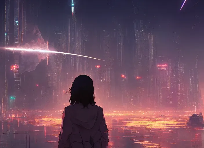 Image similar to girl staring at a meteorite hitting a floating cyberpunk city at night by wlop, key visual, high detail, digital art