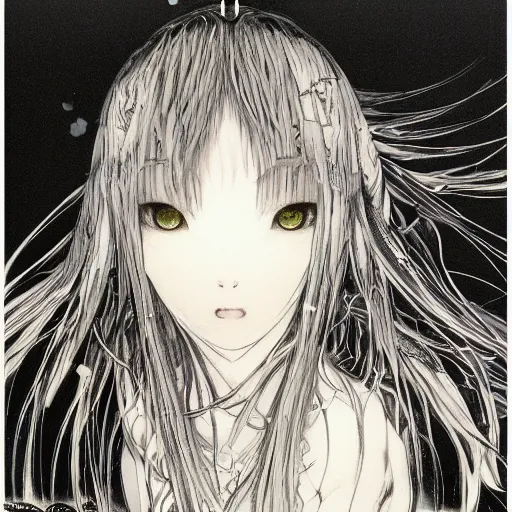 Image similar to yoshitaka amano blurred and dreamy illustration of an anime girl with black eyes, wavy white hair fluttering in the wind wearing elden ring armor and crown with engraving, abstract black and white patterns on the background, noisy film grain effect, highly detailed, art by shigenori soejima, renaissance oil painting, weird portrait angle, blurred lost edges, three quarter view