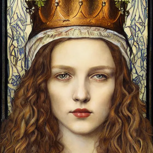 Prompt: detailed realistic beautiful young medieval queen face portrait by quinton hoover, art nouveau, symbolist, visionary, gothic, pre - raphaelite