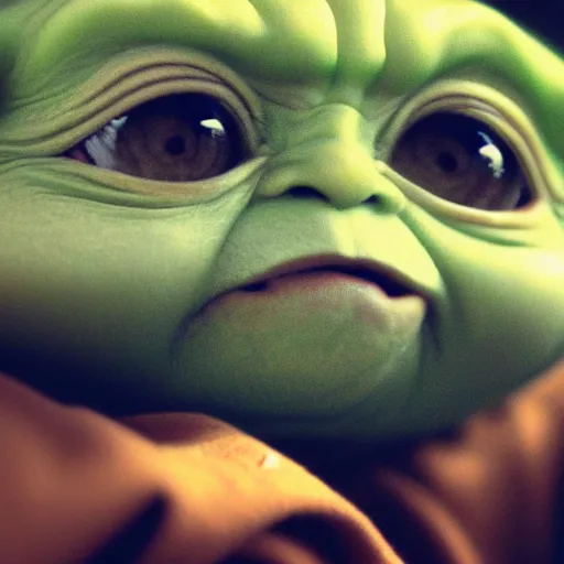 Prompt: baby yoda face closeup, strong bokeh, cinematic, high contrast, highly detailed