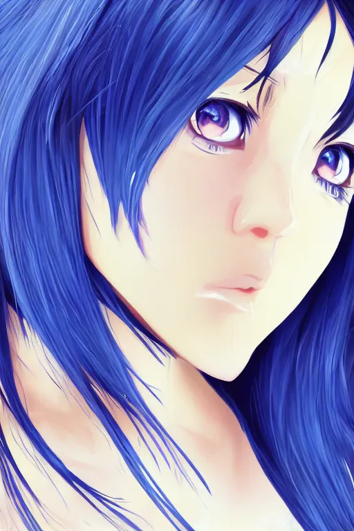 Prompt: close up portrait of an anime girl crying, blue long hair, digital illustration, dramatic lighting, by mai yoneyama, blurred background
