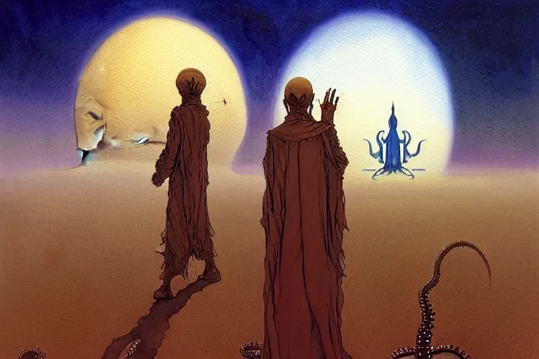 Prompt: a hyperrealist watercolour character concept art portrait of a middle eastern merchant keeling down in prayer in front of a lovecraftian alien with 1 2 eyes on a misty night in the desert. a ufo is in the background. by rebecca guay, michael kaluta, charles vess and jean moebius giraud