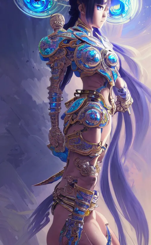 Image similar to anime iridescent opal cyborg shinobi warrior, intricate ornate details, morandi color scheme, hd, illustratio, splash art, fantasy, elegant, highly detailed, wide angle, digital painting, artstation, concept art, smooth, sharp focus, illustration, wallpaper, art by artgerm and greg rutkowski and alphonse mucha and jin xiaodi