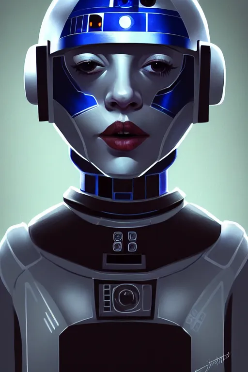 Prompt: a portrait of random girl as r 2 d 2 droid, humanization, humanized, grim - lighting, high - contrast, intricate, elegant, highly detailed, digital painting, artstation, concept art, smooth, sharp focus, illustration