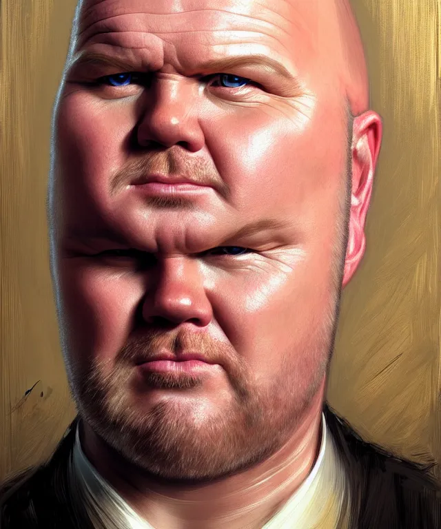 Image similar to Phil Mitchell, grimacing, portrait, face, intricate, elegant, highly detailed, digital painting, artstation, concept art, smooth, sharp focus, illustration, art by artgerm and greg rutkowski and alphonse mucha