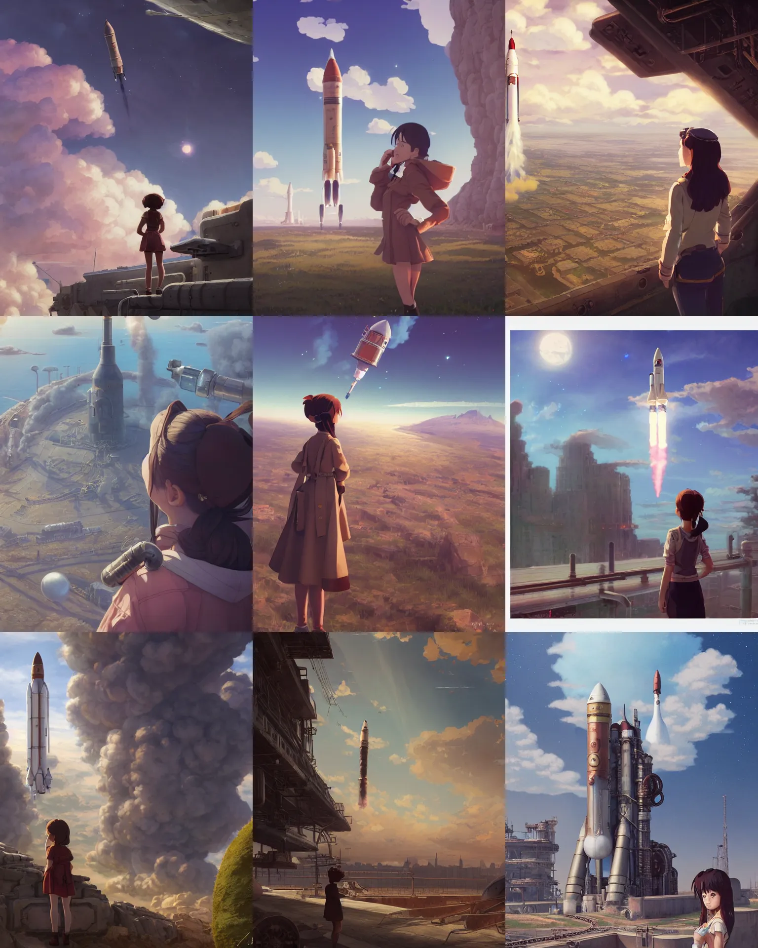 Prompt: a highly detailed matte painting of a girl watching soviet steampunk rocket launch by studio ghibli, makoto shinkai, by artgerm, by wlop, by greg rutkowski, volumetric lighting, octane render, 4 k resolution, trending on artstation, masterpiece