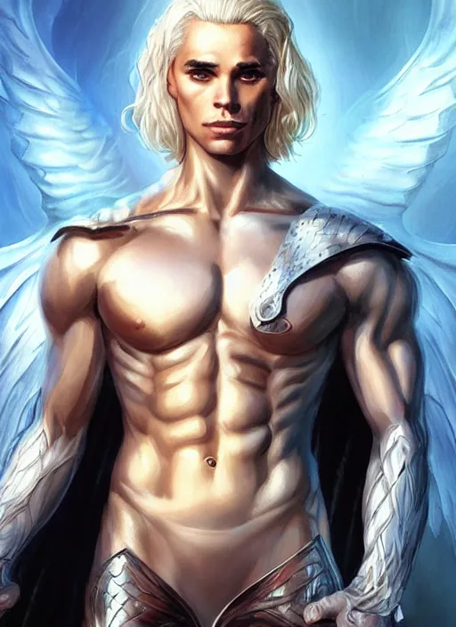 Image similar to handsome viserys targaryen as a muscular angel of battle, urban fantasy romance book cover, D&D!, fantasy style, sharp focus!, ultra detailed, art by Artgerm and Peter Andrew Jones, WLUP