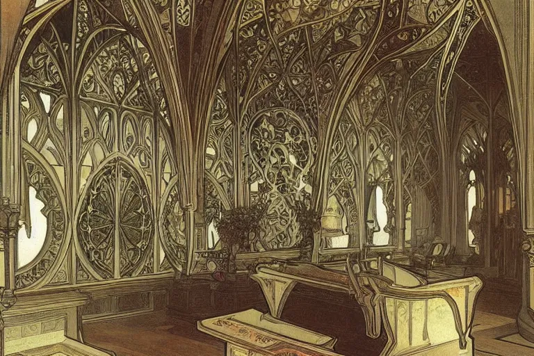 Image similar to gothic castle interior design by alphonse mucha