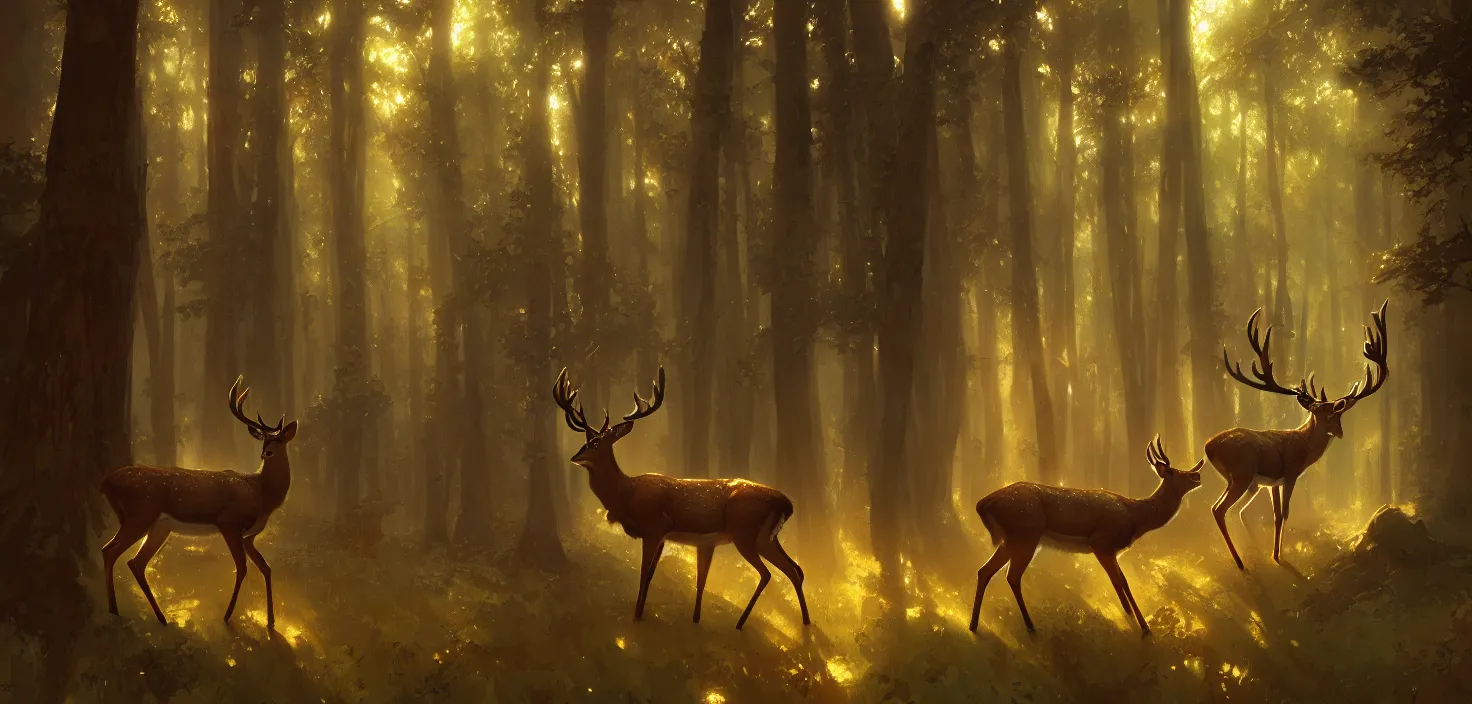 Image similar to Deer in Sherwood Forest, full frame, highly detailed, digital painting, artstation, concept art, smooth, sharp focus, illustration, art greg rutkowski and alphonse mucha