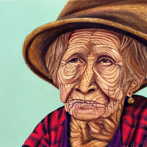 Image similar to painting of a wrinkled old woman, appalachian folk art