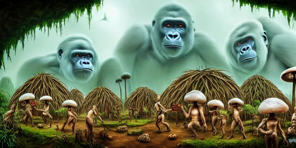 Image similar to a jungle village of albino gorillas and their mushroom huts, matte oil painting, retrofuturistic, science fantasy, salt, rust, mutant, lgbt, queer, rpg, epic, dungeons & dragons, sacred, sharp focus, award - winning, extremely detailed, 4 k, 8 k