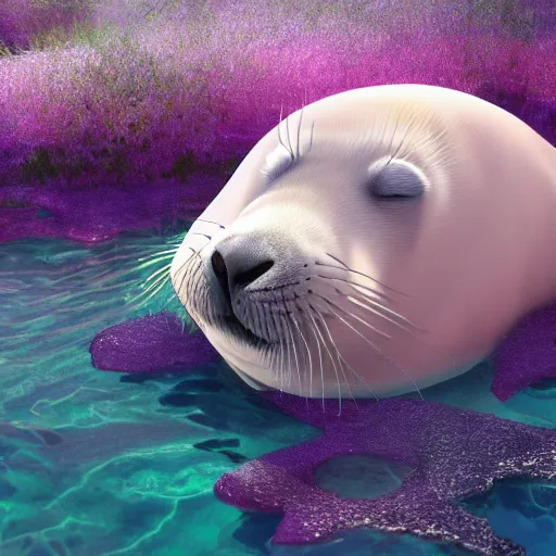 Image similar to Prince in pastel!!, A seal sleeping peacefully in a kelp forest, cinematic, hyper realistic, detailed, 8k, octane render.