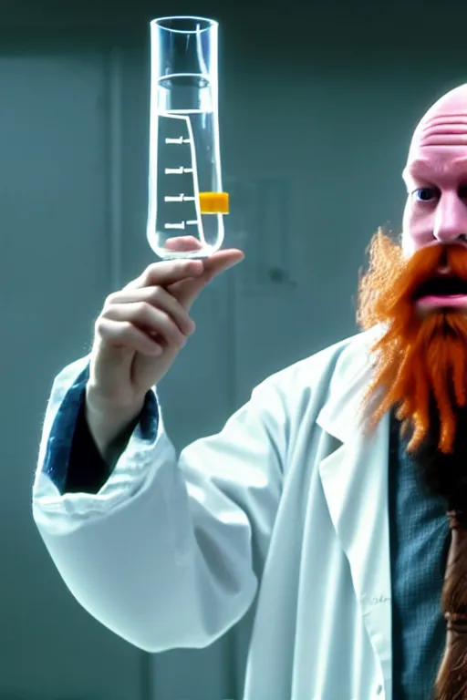 Image similar to an awkwardly tall scientist with 3 eyes and a tangled beard and unruly red hair atop his balding head wearing a labcoat and holding a beaker, high resolution film still, movie by Ivan Reitman
