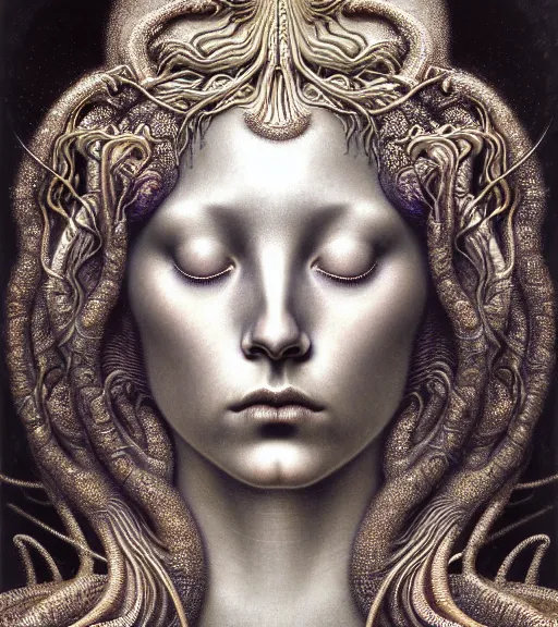 Prompt: detailed realistic beautiful metallic goddess face portrait by jean delville, gustave dore, iris van herpen and marco mazzoni, art forms of nature by ernst haeckel, art nouveau, symbolist, visionary, gothic, neo - gothic, pre - raphaelite, fractal lace, intricate alien botanicals, biodiversity, surreality, hyperdetailed ultrasharp octane render