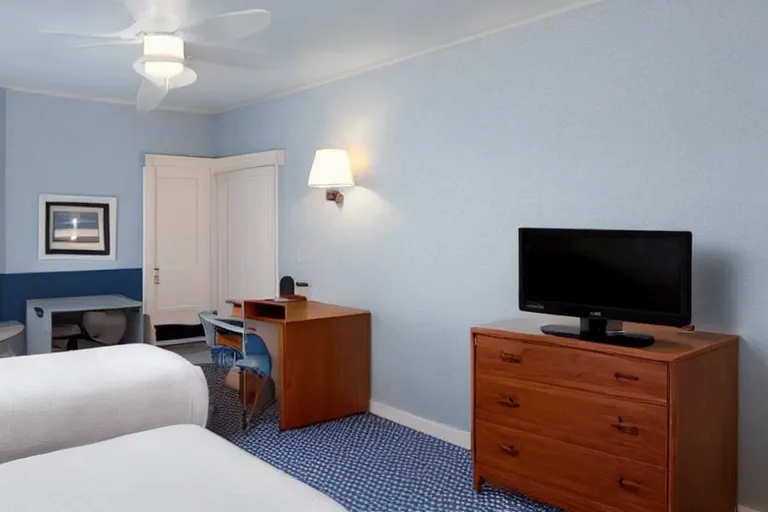 Image similar to a 10 by 11 foot old run down hotel room with white with a criss cross pattern in blue grey walls, white ceiling, navy blue carpet, a small bed, desk, two wooden wardrobes, a little side table in a light wood veneer, a window, desk fan, table light, and an old tube TV, and a ceiling fan gives off a dim orange light. Old