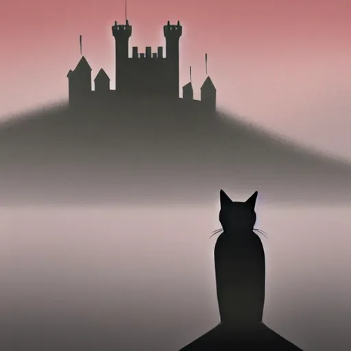 Image similar to a dark vallcy with a huge gloomy castle, fog. a little boy and a black cat