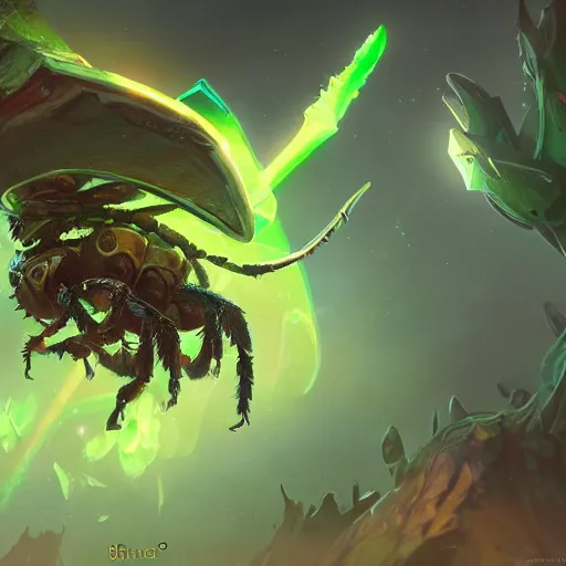 Image similar to a giant glowing horned beetle, horned beetle, green theme, bright art masterpiece artstation. 8 k, sharp high quality artwork in style of jose daniel cabrera pena and greg rutkowski, concept art by tooth wu, blizzard warcraft artwork, hearthstone card game artwork, horned beetle