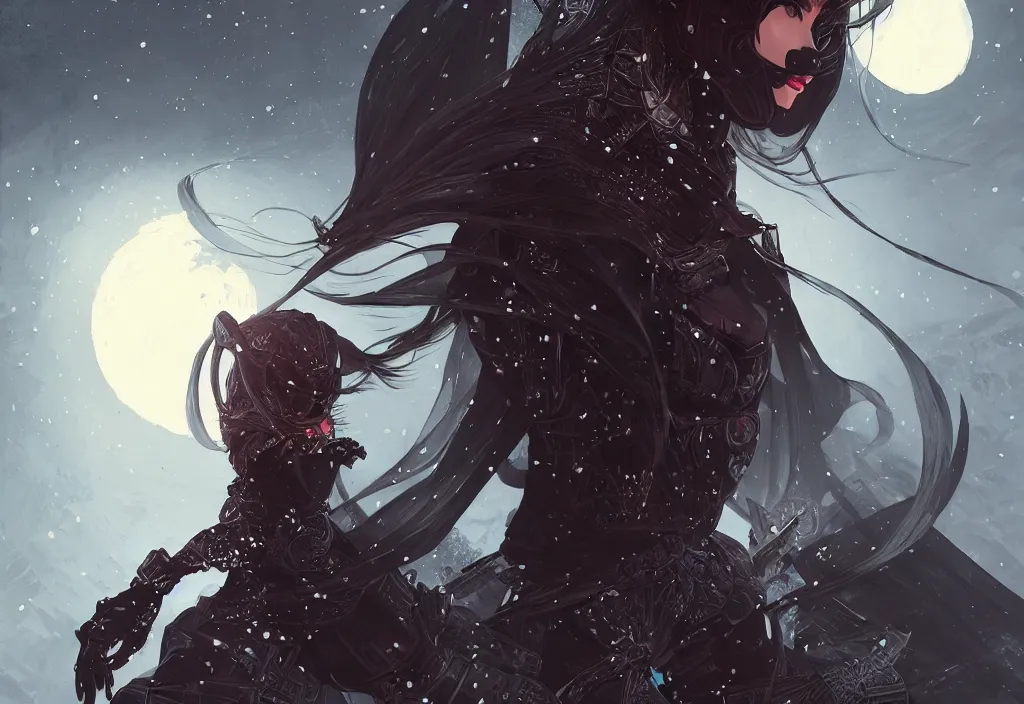 Image similar to portrait ninja gaiden girl, armored black shiny ninja wardrobe, at snowy fuji mountain moonlight, ssci - fi and fantasy, intricate and beautiful and highly detailed, digital painting, artstation, concept art, smooth and sharp focus, illustration, art by tian zi and wlop and alphonse mucha