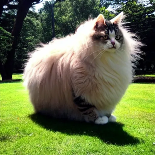 Prompt: giant! cat with fur overwhelmingly ( very very fluffy! ) giant! puffy fur in a park