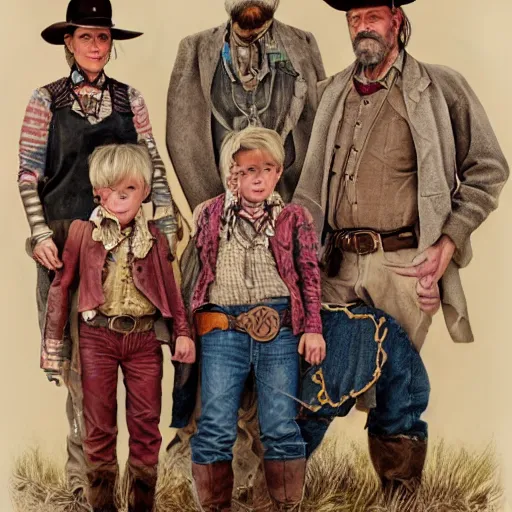 Image similar to Intricate five star Beautiful Wild West Family portrait by Ann Kullberg, Colored pencil on paper, high detail, skin texture, photo realistic, hyperrealism,matte finish, high contrast, 3d depth, masterpiece, vivid colors, artstationhd