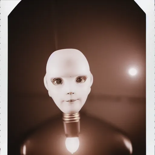 Image similar to close up portrait of a humanoid robot with a light bulb head and light is coming out of it, polaroid, photo taken in a back storage room