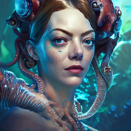 Image similar to underwater biopunk pirate portrait of emma stone, octopus, hyper detailed, digital art, trending in artstation, cinematic lighting, studio quality, smooth render, unreal engine 5 rendered, octane rendered, art style by klimt and nixeu and ian sprigger and wlop and krenz cushart.