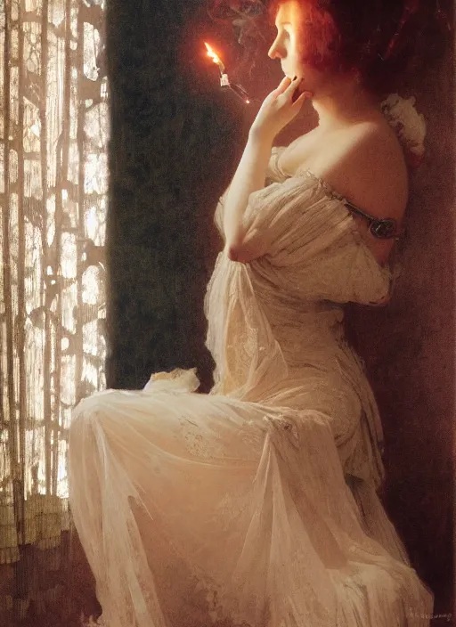 Prompt: a romantic photo of a woman in a dark room wearing lace smoking a cigarette advertisement photography by mucha, nick alm, norman rockwell, greg rutkowski, greg manchess, ethereal, dark, candlelight, pagan, extremely coherent, sharp focus, elegant, sharp features, render, octane, detailed, award winning photography, masterpiece, rim lit