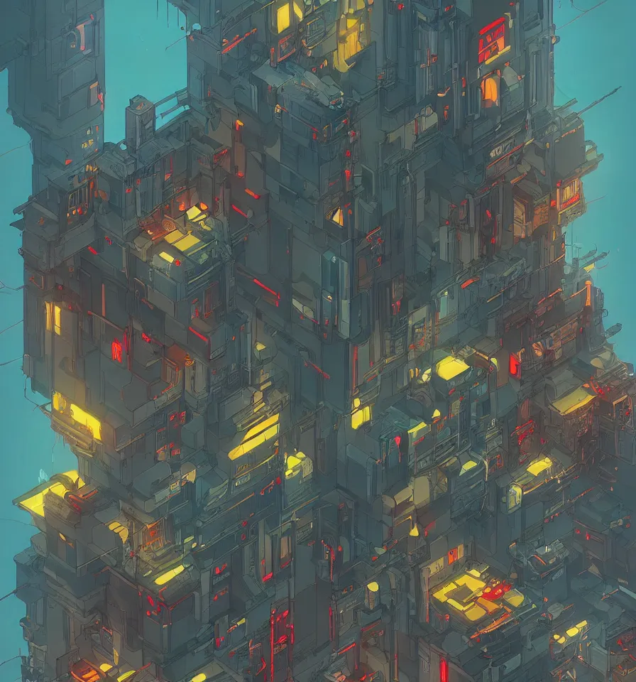Prompt: a beautiful 2D cyberpunk architecture, rooms, interior, garden, dark bluish gray, shades of dark crimson red, warm yellow, glowing objects, intricate, layers, depth, by James jean, trending on ArtStation