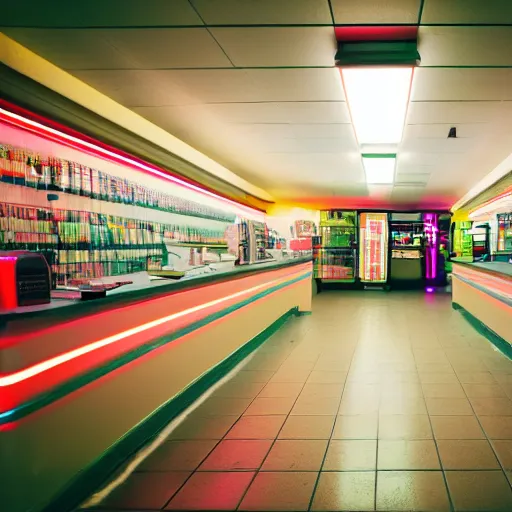 Prompt: noisy color photograph of inside a retrofuturist empty convenience store, dark pit, minimalist, cinematic, soft vintage glow, lens flare